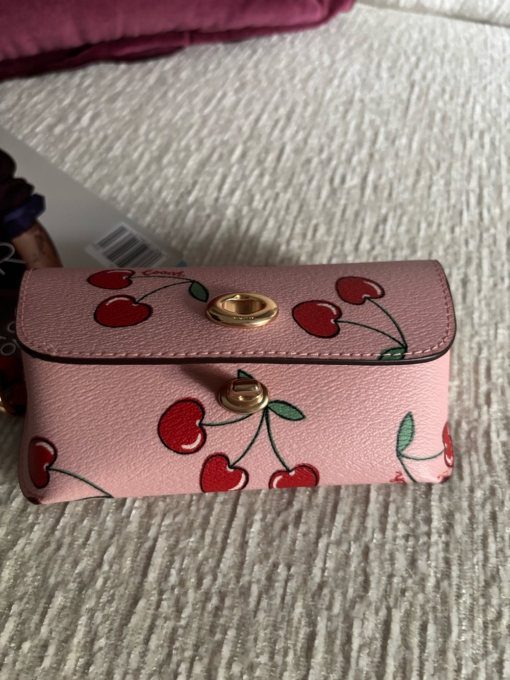Coach Cherry Print Case Clip On Pink Red Heart Cherries Bag Charm NWOT - Picture 7 of 7